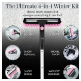 4 in 1 Snow Brush with Shovel, Ice Scraper & Squeegee w/Storage Bag, Pink