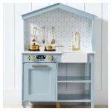 Pretend Play Wooden Farmhouse Kitchen Set w/ Storage, Clicking Knobs, 5 Accessories - Ocean