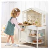 Pretend Play Wooden Farmhouse Kitchen Set w/ Storage, Clicking Knobs, 5 Accessories - Ocean