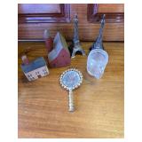Tiny Hand Mirror, 2 Wood Houses, Eiffel Tower x2, Glass Shot Mug