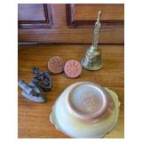 Glass Leaf Bowl, Brass Bell, Candy Dish, Tiny Iron w/ Stand