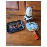 Panda Candle Holder, 3 Small Chinese Trays, 3 Chinese Fans