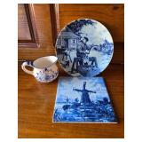 Dutch Blue Creamer, Plate and Trivet