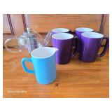 Loose Tea Pot, 4 Purple Coffee Cups and a Blue Creamer Container