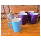 Loose Tea Pot, 4 Purple Coffee Cups and a Blue Creamer Container