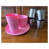 3 Pink Bowls, Plates, Cups & 4 Coffee Mugs with Covers