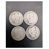 Barber Quarter (Lot of 4) US 25c Silver Coins 1903, 1908, 1910, 1915