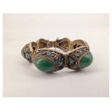 Antique Silver Filigree Bracelet with Green Cabochon Stones & Blue Enamel