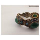 Antique Silver Filigree Bracelet with Green Cabochon Stones & Blue Enamel