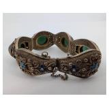 Antique Silver Filigree Bracelet with Green Cabochon Stones & Blue Enamel