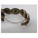 Antique Silver Filigree Bracelet with Green Cabochon Stones & Blue Enamel