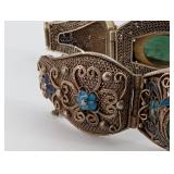 Antique Silver Filigree Bracelet with Green Cabochon Stones & Blue Enamel