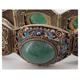 Antique Silver Filigree Bracelet with Green Cabochon Stones & Blue Enamel