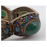 Antique Silver Filigree Bracelet with Green Cabochon Stones & Blue Enamel