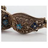 Antique Silver Filigree Bracelet with Green Cabochon Stones & Blue Enamel