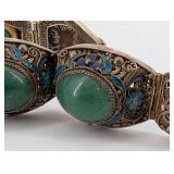 Antique Silver Filigree Bracelet with Green Cabochon Stones & Blue Enamel