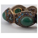 Antique Silver Filigree Bracelet with Green Cabochon Stones & Blue Enamel