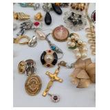 Assorted Costume Jewelry Collection - Crosses, Pearls, Cameos & Brooches