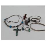 Turquoise & Sterling Silver Jewelry Lot - Cross Pendant, Bracelets, Rings & Earrings
