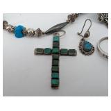 Turquoise & Sterling Silver Jewelry Lot - Cross Pendant, Bracelets, Rings & Earrings