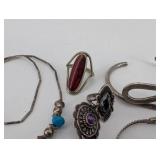 Turquoise & Sterling Silver Jewelry Lot - Cross Pendant, Bracelets, Rings & Earrings