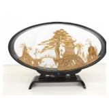 Vintage 9.75" Tall Asian Balsa Wood Carving Temple Scene in Glass