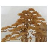 Vintage 9.75" Tall Asian Balsa Wood Carving Temple Scene in Glass