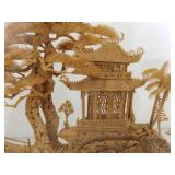 Vintage 9.75" Tall Asian Balsa Wood Carving Temple Scene in Glass