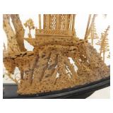 Vintage 9.75" Tall Asian Balsa Wood Carving Temple Scene in Glass