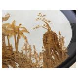 Vintage 9.75" Tall Asian Balsa Wood Carving Temple Scene in Glass