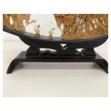 Vintage 9.75" Tall Asian Balsa Wood Carving Temple Scene in Glass