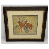 Framed Behind Glass M Jorge Signed African (Gazelles) Printed Textile 21" x 23 1/2"
