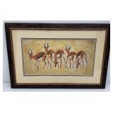 Framed Behind Glass M Jorge Signed African (Antelopes) Printed Textile 22 1/2" x 33 1/2"