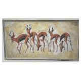Framed Behind Glass M Jorge Signed African (Antelopes) Printed Textile 22 1/2" x 33 1/2"