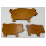 Three Vintage Multi Sized Wooden Pig Cutting Boards/Wall Décor 6 1/2" x 11 1/2",  7 1/2" x 13", 9" x 18 1/2"