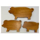 Three Vintage Multi Sized Wooden Pig Cutting Boards/Wall Décor 6 1/2" x 11 1/2",  7 1/2" x 13", 9" x 18 1/2"