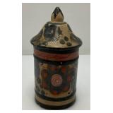 Hand Painted Tonala Pottery Jar/Lid 6" Tall Marked Mexico On Bottom