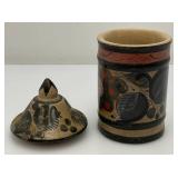 Hand Painted Tonala Pottery Jar/Lid 6" Tall Marked Mexico On Bottom
