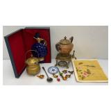 Misc. Vintage Items Including Jim Beam Decantor, Heavy Brass Soup pot, Oriental Silk Butterfly Painting And More