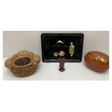 Misc. Vintage Oriental Collectibles Including Laquered Egg Trinket Dish, Wooden Buddha And More