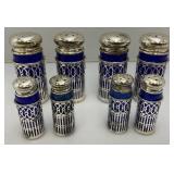 Unique Colbalt Blue Glass, Salt And Pepper Shakers With Plated Silver Decorative Sleeves