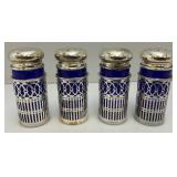 Unique Colbalt Blue Glass, Salt And Pepper Shakers With Plated Silver Decorative Sleeves