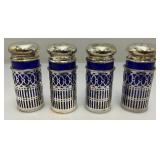 Unique Colbalt Blue Glass, Salt And Pepper Shakers With Plated Silver Decorative Sleeves