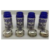 Unique Colbalt Blue Glass, Salt And Pepper Shakers With Plated Silver Decorative Sleeves