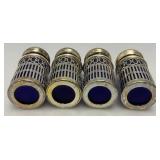 Unique Colbalt Blue Glass, Salt And Pepper Shakers With Plated Silver Decorative Sleeves