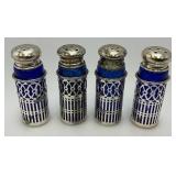 Unique Colbalt Blue Glass, Salt And Pepper Shakers With Plated Silver Decorative Sleeves