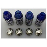Unique Colbalt Blue Glass, Salt And Pepper Shakers With Plated Silver Decorative Sleeves