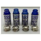 Unique Colbalt Blue Glass, Salt And Pepper Shakers With Plated Silver Decorative Sleeves