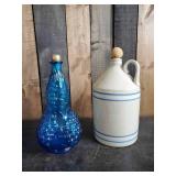 2 Great Mid Modern Pieces / Stoneware Jug and Blue Glass Grape Bottle