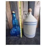 2 Great Mid Modern Pieces / Stoneware Jug and Blue Glass Grape Bottle
